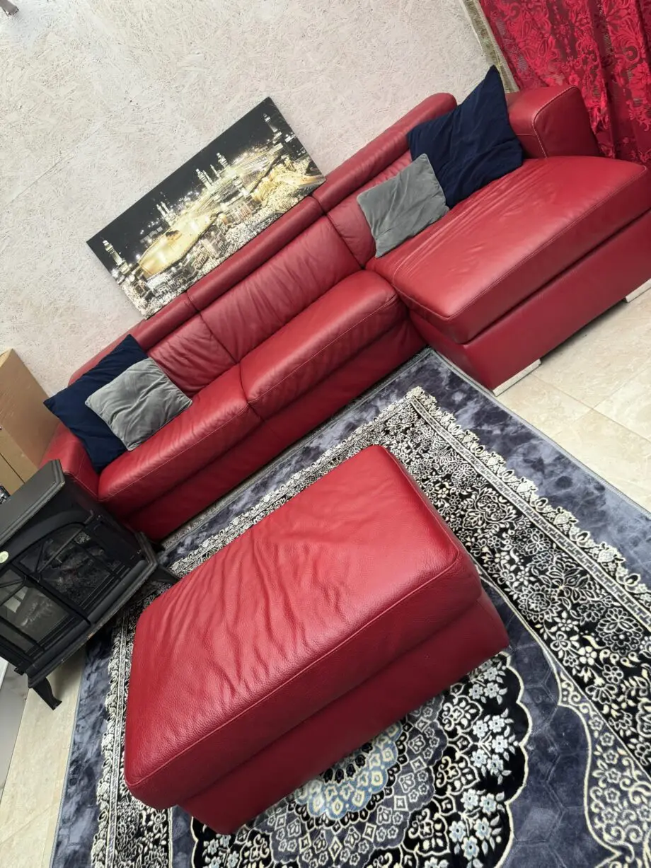 Red Leather Sofa Bed Corner, Footstool & ArmChair