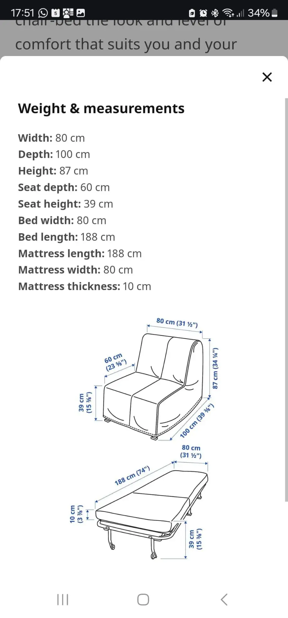 Ikea Chair Sofa bed with Mattress and a Cover