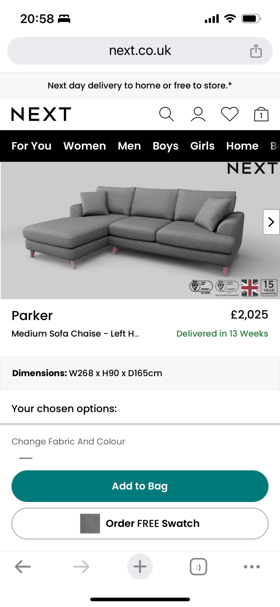 Next Parker L Shape Sofa (Detachable)