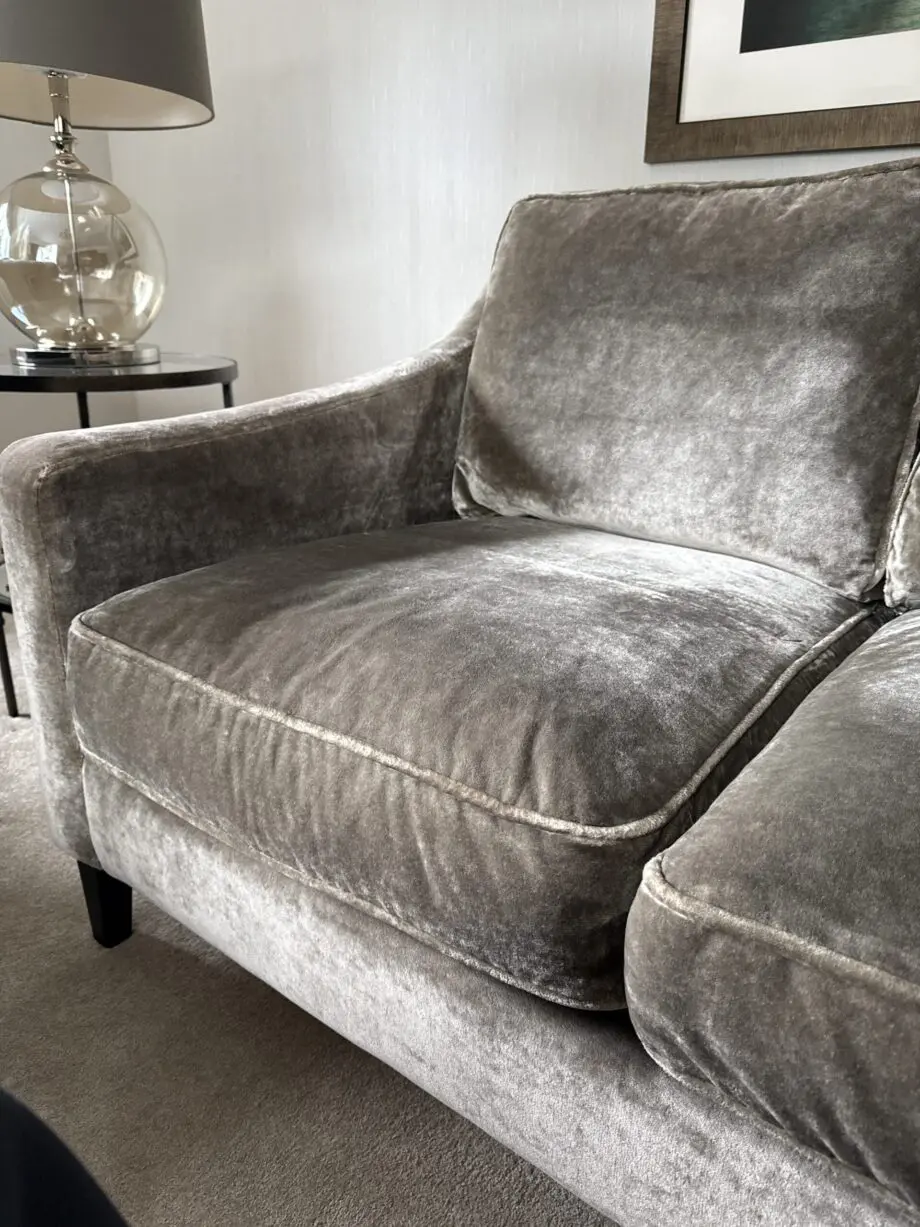 2 x 3 seater velvet sofas, stone colour, bought from Sofa.com- Iggy three seat in Hudson Roosevelt Velvet