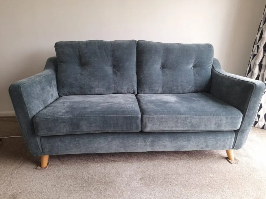 Blue Three Piece Suite with Light Wood Coloured Legs