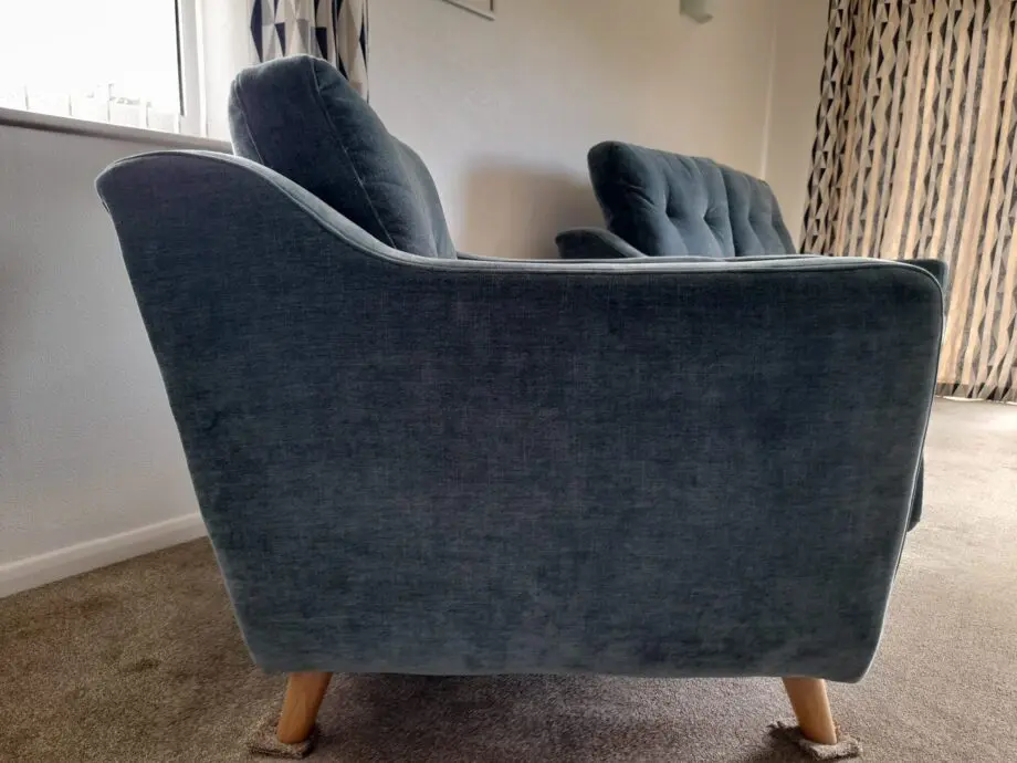 Blue Three Piece Suite with Light Wood Coloured Legs