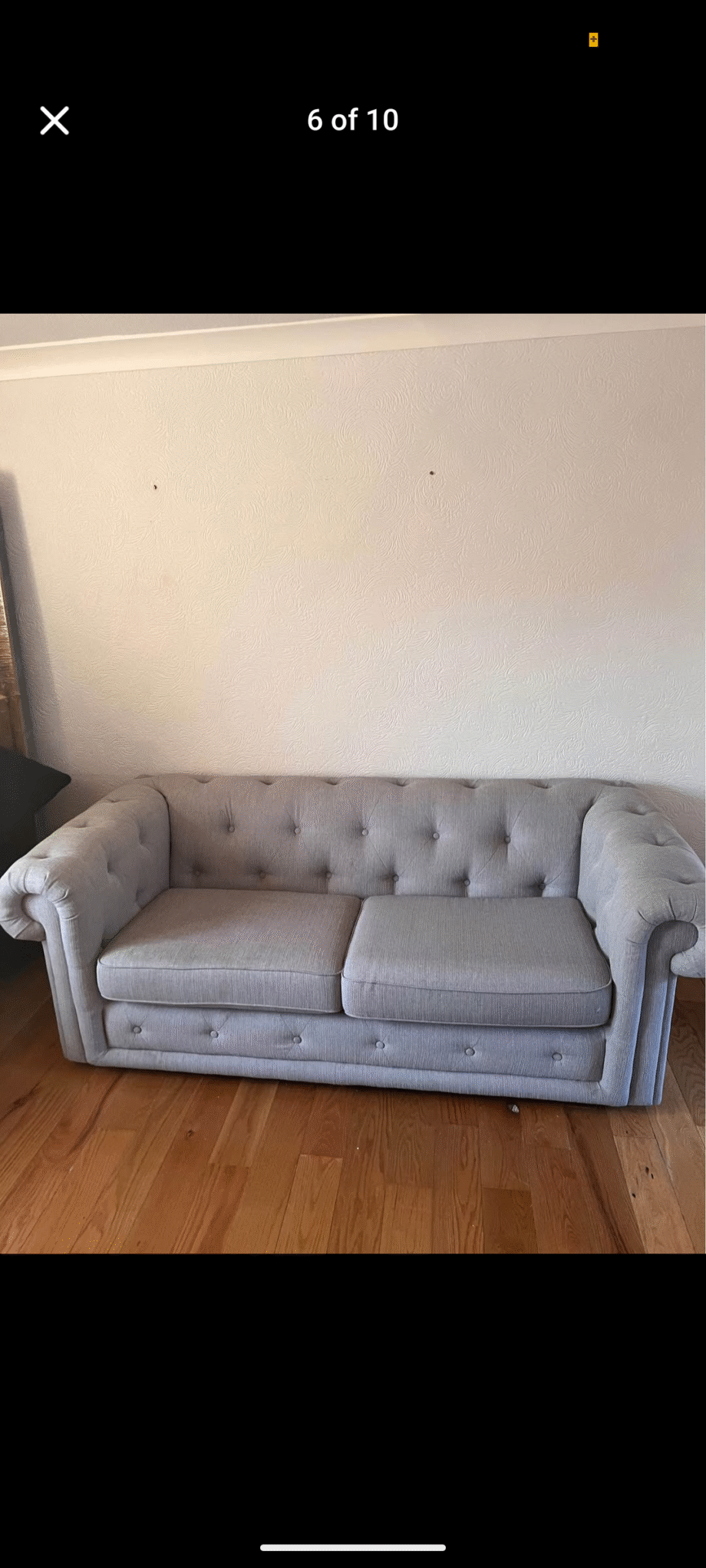 DFS Chesterfield grey sofa, cuddle chair and foot stool
