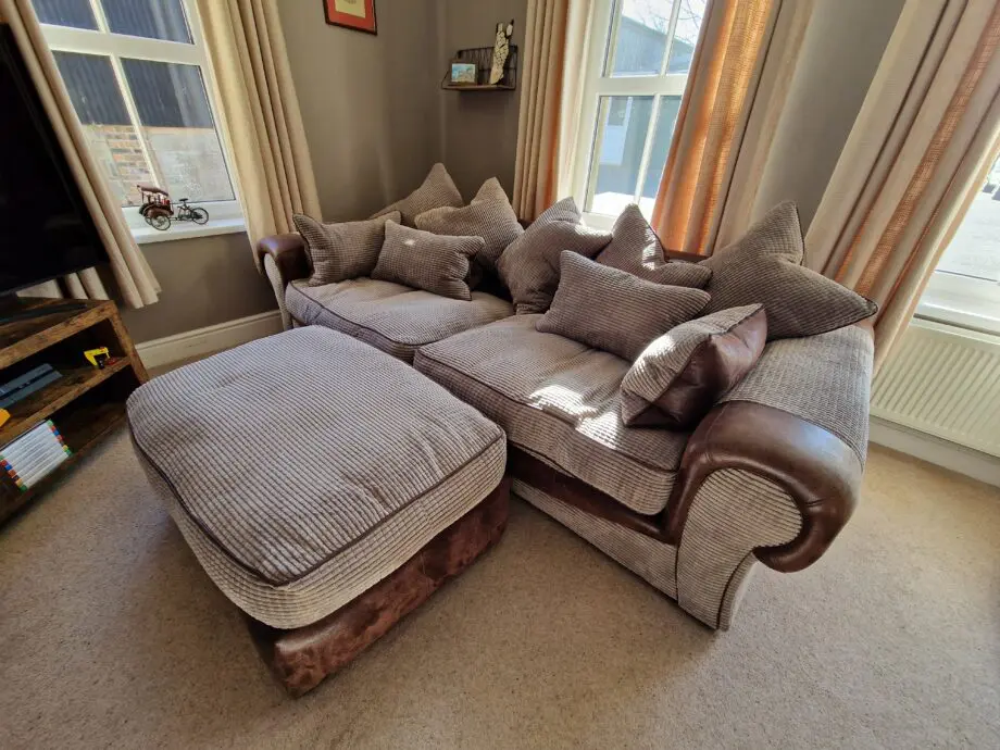 4 seater sofa, swivel chair and foot stool