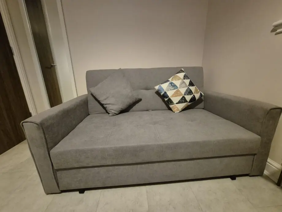 2 Seater Sofa Bed, Convertible Bed Settee, Modern Fabric Loveseat Sofa Couch with 2 Cushions, Hidden Storage for Living Room, Guest Room, Light Grey