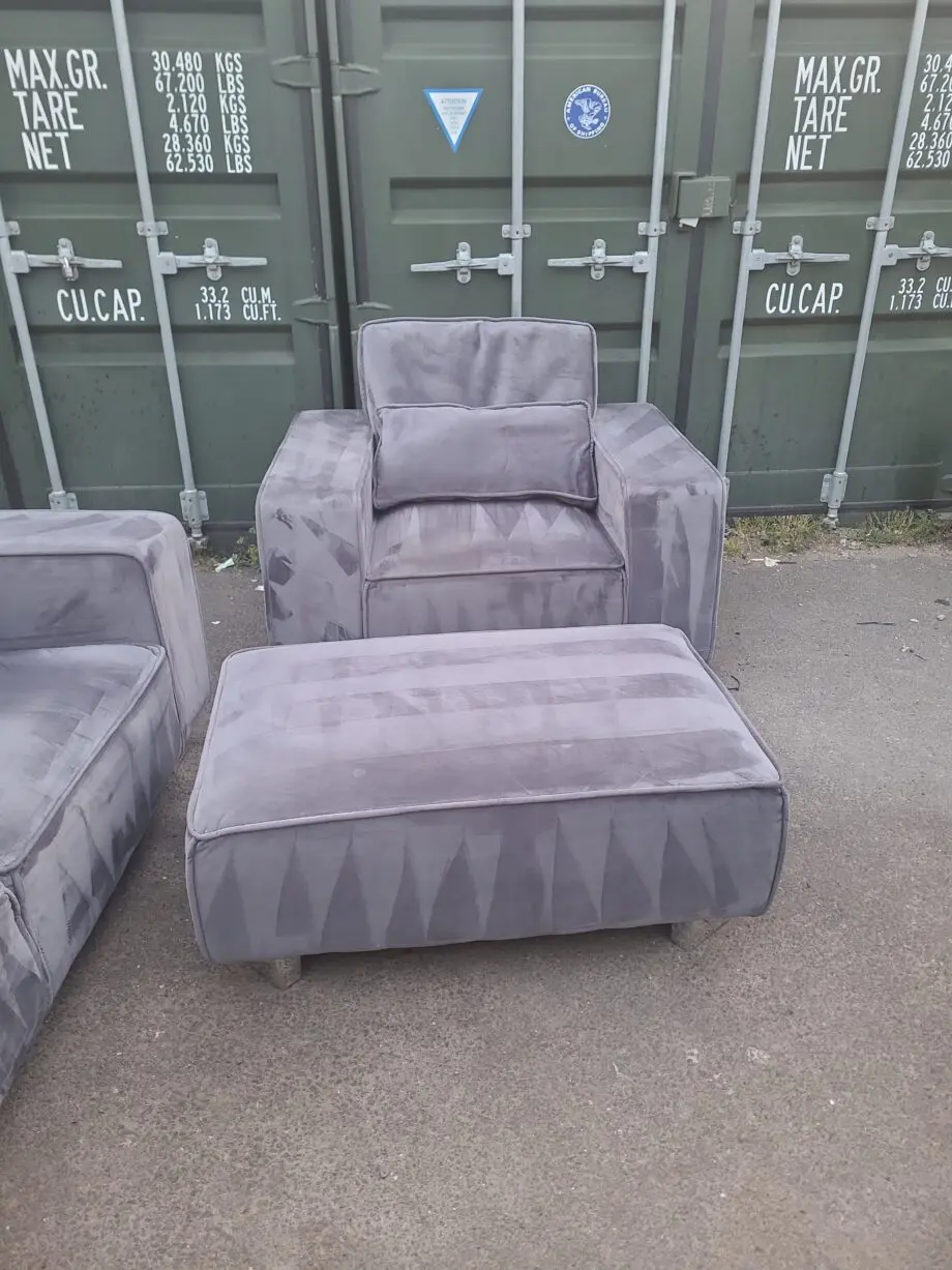 GREY VALVET 3 SEATER, ARMCHAIR AND FOOTSTOOL
