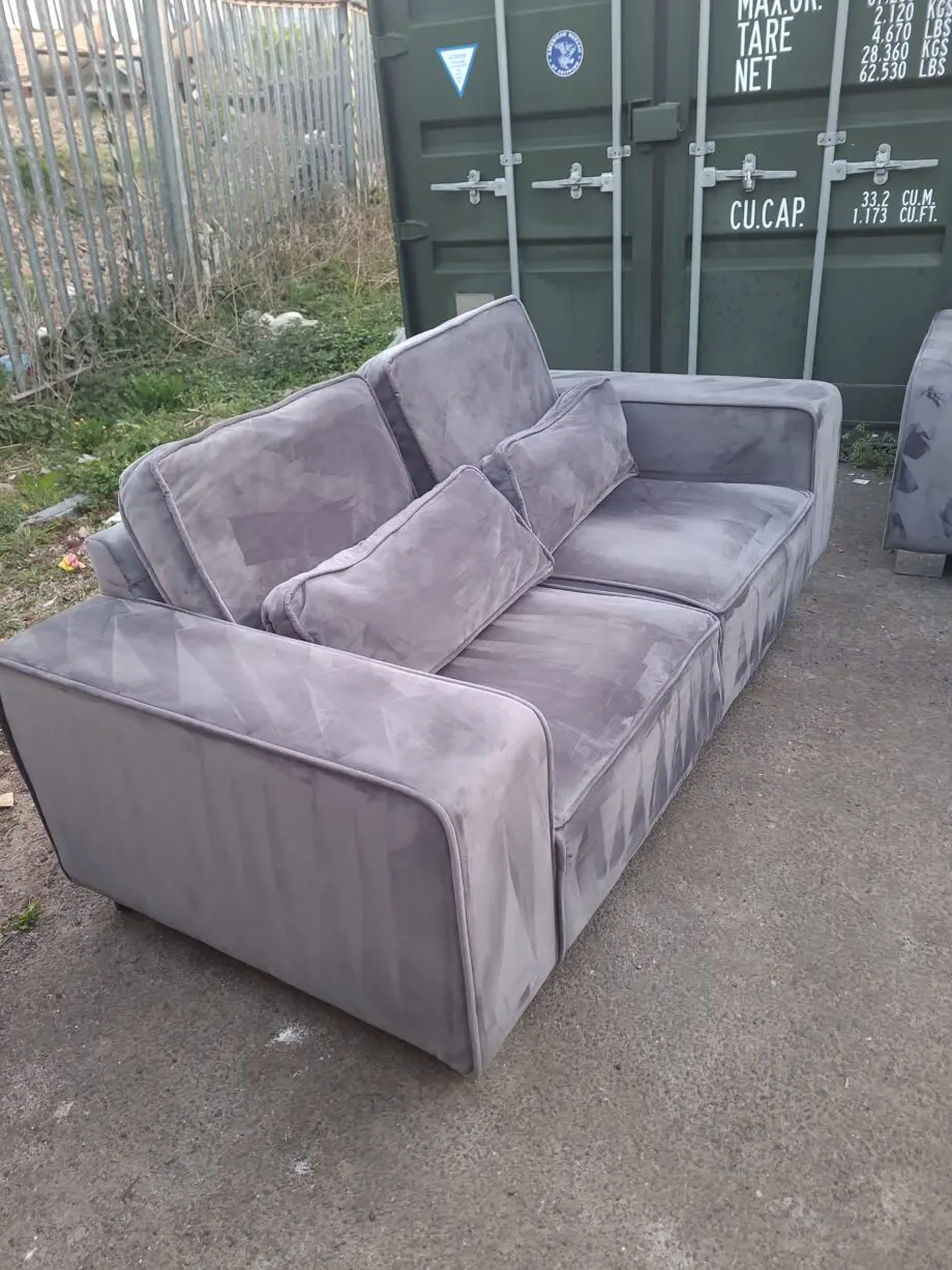 GREY VALVET 3 SEATER, ARMCHAIR AND FOOTSTOOL
